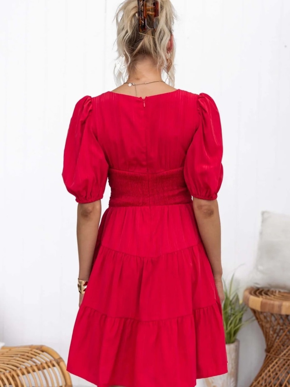 Roseason Hot Pink Mini Dress Size 12 NWT V-Neck Puff Sleeve Tiered Viscose Ramie - Picture 4 of 9